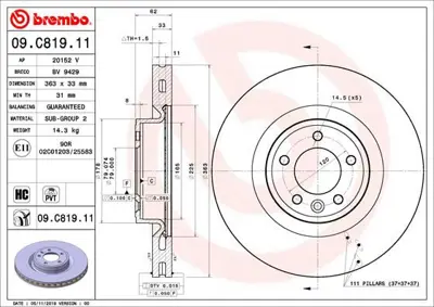 BREMBO 09.C819.11 Fren Dıskı On Landrover Dıscovery V / Range Rover Iv / Range Rover Sport Iı LR098967 BBD6242S LVBD1964 ADBP430117 MDC2937C PRD3152 812017141C DSK3493 177127 92313505