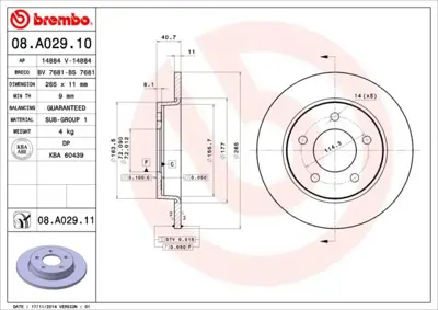 BREMBO 08.A029.11 Fren Dıskı Arka Duz 265-5 Uv Coated Mazda-3 03/10  C24Y26251C 203250 BP4Y26215E BR4763C NBD1512 92130500 690600 8A02910 BP4Y26251C BP4Y26251B