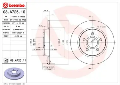 BREMBO 08.A725.11 Fren Dıskı Arka Dolu 271mmuv Coated  Ford   Focus 2010-  1759531 BV612A315BA 250136650 5290 250136652 1815312584 BS7790 812016164C BV612A315DA 14998