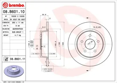 BREMBO 08.B601.11 Fren Dıskı Arka 280mmuv Coated Ford   Focus 04-   Volvo   S40 / V50 / C70  1683383 1829615 PB1958 AV612A315AA 92238903 231251C DF1085 F1024PR 986479762 562655JC