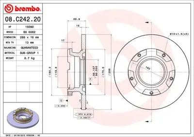 BREMBO 08.C242.20 Fren Dıskı Arka T.Teker 288mm Ford   Transıt Custom V362 12- V363 14-  BK21 2A097 FA