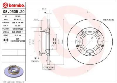 BREMBO 08.D505.20 Fren Dıskı Arka T.Teker 288mm Ford   Transıt Custom V362 12- V363 14-  BD5644 BK212A097FA 1764283 V2580028 6156400 BG4673 1783910 BK212A097AB 8DD355120181 93260703