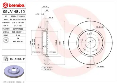 BREMBO 09.A148.11 Fren Dısk On 276-5 Uv Coated Mıtsubıshı Lancer 08/12  1.5-1.6-1.8 /Lancer 2.0 Mıvec Evo-X 08- MR510966 70912063 26MI019 BR5771 MR510743 BR5771C MR510967 MFD2537 DI537 J3305068