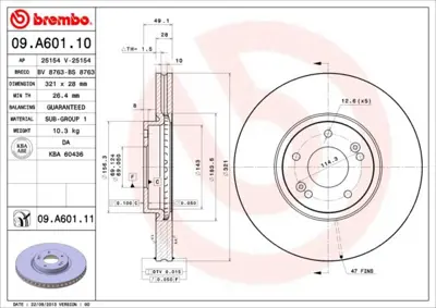 BREMBO 09.A601.10 Fren Dısk On Havalı-321-5-Hyundaı  Santafe 06/  517122B700 PBD8541 5815313450 6062221 LVBD1535 6110210 5815203431 BS8786HC DDF1631C1 DDF1631C