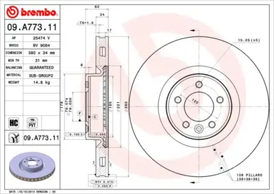 BREMBO 09.A773.11 Fren Dıskı On Range Rover Sport 2014 25474V LR016176 6161110 BN0986 ADC1285V 450521220 BS7595 DF6508S PBD8655 108529