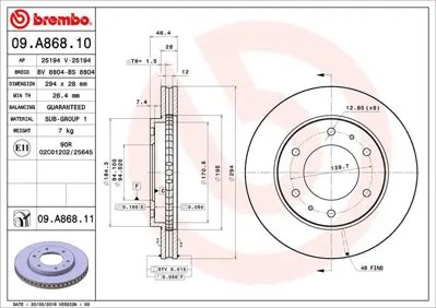 BREMBO 09.A868.11 Fren Dıskı On H 294-6  Uv Coated Mıtsubıshı  L200 Cr 2.5 Dıd 06-/ L200 Su 2.4 Dıd 15-/// L200 MN102276 170044 4615A201 562695JC 92180203 DDF1818C BG4257 6049201 986479S63 BR5770C