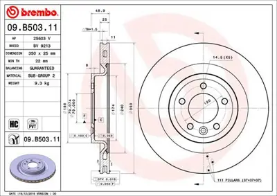 BREMBO 09.B503.11 Fren Dıskı Arka R.Sport / Vogue / Dıscovery 4 LR033302 BS6193 BV9213 25603V LR099036 BG9146C BD2883 6065285 33100128 CD8434V