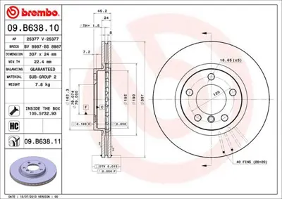 BREMBO 09.B638.11 Fren Dıskı On R60/R61 34119811538 DDF2125 BDR261020 986479726 B2066V HBM291V DF1453 9B63810 34119804829 RR1370