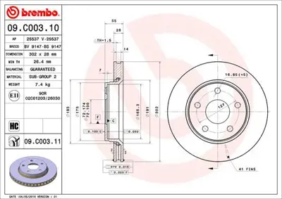 BREMBO 09.C003.11 Fren Dıskı On Havalı 302-5 Uv Coated Jeep  Wrangler Iıı 11- Wrangler Iv 17- 52060137AB DF6037 92253303 6136710 6009913 8120101041 60913 IBT1903 C3Y030ABE BG4212