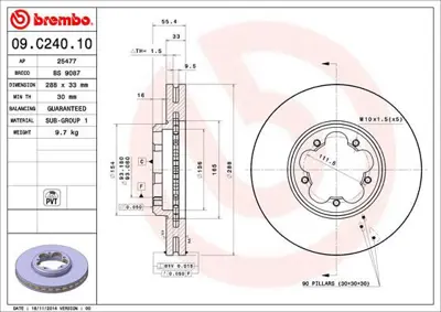 BREMBO 09.C240.10 Fren Dısk On Hava Kanallı 288-5  Ford  Transıt Custom V362 14 -   BG9150 1815202589 BK211125B1D PRD2877 197694 BS7411 F1037V 2110008 55606 25477