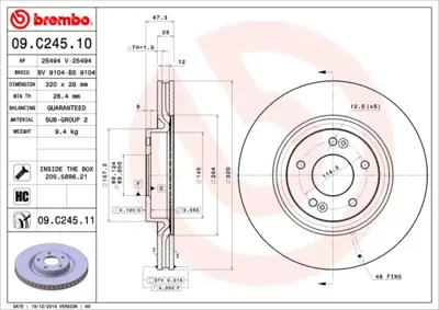 BREMBO 09.C245.11 Fren Dıskı On Havalı Ic 320-5 Uv Coated Hyundaı  Tucson 1.6 Gdı 15-20  I40 1.6 Gdı 11-19 51712D7100 517122T100 600HH17 1815203443 60H17 37155210026PD H2026V J3300546 ADC2412V BR3269C