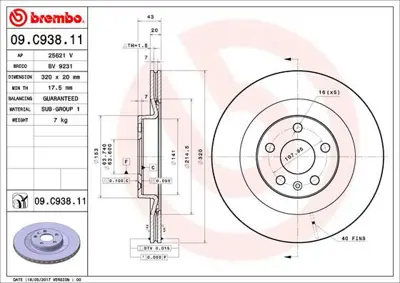 BREMBO 09.C938.11 Fren Dıskı  Arka Uv Coated Volvo S60 Iıı 224 T4 19- 31400778 MDC2915C 986479E87 BG4978C V1025V 1815314872 BBD5477 NBD1993 9C93811 92309703