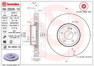 BREMBO 09.D529.13 Fren Dıskı Mercedes On  Co-Cast  Mercedes X253 15/ W213 16/ C253 15/ C257 18/ 24013203022 A0004212812 4212812 25753Z 175168 986479G37 BZ9364 8DD355134492 8DD355134491 ADBP430088