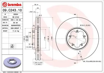 BREMBO 09.C243.10 Fren Dısk On Hava Kanallı 308-5  Ford  Tourneo Custom V362 V363 13 -   BK211125A1D 491250136920 986479D40 202593 986479F46 ADF124347 BD2548 193358 DSK2976 563124J1