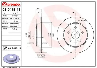 BREMBO 08.D418.11 Fren Dıskı Arka Duz 281-5 Toyota  C-Hr 16- / Rav 4 V 18-  Uv Coated 521754 4243178010 70917220 DP255C DP255 986479E91 8DD355132401 58153145181 PRD5488 92301403