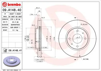 BREMBO 09.A148.41 Fren Dıskı On Havalı 276-4-Mıtsubıshı  Lancer 03/11  1.6   Uv Coated MR510742 DF4809 J3305065 DDF18451 80928441 25257 8DD355112951 RD00367 PCD13882 17134