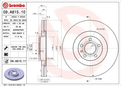 BREMBO 09.A815.11 On Fren Dıskı Audı 24013001191 8E0615301T RT20260GLT9 8E0615301K 9A81511 RT20260GLT5 54439 DDF1661C RT20260GLT3 DF4757S
