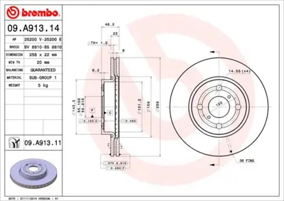 BREMBO 09.A913.14 Fren Dıskı On Havalı-258-4-Toyota  Yarıs 06/11  1.0-1.3-1.4 D4d   435120D060 9A91314 986479363 D1722 24012202401 2045115 TOY178 BR9481C BR9481 590259400