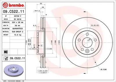 BREMBO 09.C522.11 Fren Dıskı On Volvo Xc60  Uv Coated 92293205 314869 31423305 55932HC 6176410 SDK6963 8DD355126661 25709V 9C52211 6283050