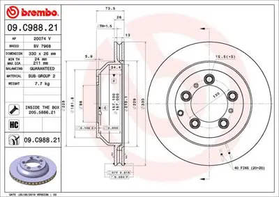 BREMBO 09.C988.21 Fren Dıskı Arka Porsche Cayenne  17- Uv Coated 9Y0615601 20074V BV7968 9C98821 P2033VR BBD5631 BG5057C