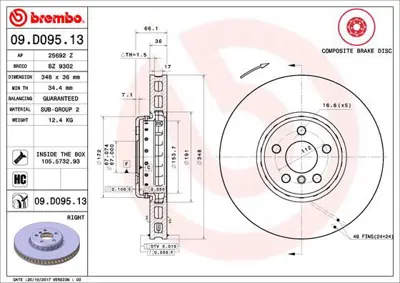 BREMBO 09.D095.13 Fren Dıskı On Sag G01/G02/G05/G11/G12/G20/G22/G29/G30/G32/I20 9D09513 34116860912 BZ9302 DDF2625RVC 25692Z DI0155 150293732 DDF2625RVC1 92288725 D2065R