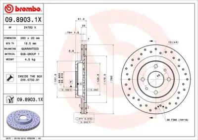 BREMBO 09.8903.1X Fren Dısk On Hava Kanallı 260-4  Lada  Vega 112 Hatchback 95 -   Delikli 21123501070 9890375 21120350107001 24782E 300209400 230411 186782 BS8409 986479346 24012001871