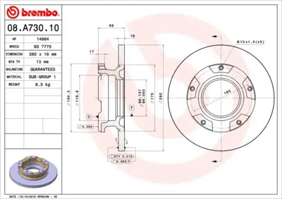 BREMBO 08.A730.10 Fren Dıskı Arka Ø280 Dolu  Ford  Transıt 2.2tdcı V347 06- 8270420060 1563200300 6282295 6C112A097AB 92159100 103202 ADC1241 250135820 104591199 FT31114