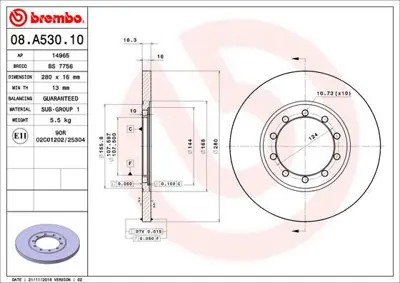 BREMBO 08.A530.10 Fren Diski Arka 280mm A.Çeker  Ford   Transit V347 2.4 Tdci 06-  6C112A315AB 1642779580 54520 8A53010 24011601261SETMS BS5330 QD0580 6110540 6052212 28161001