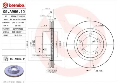BREMBO 09.A966.11 Fren Dısk On Havalı-340-5-Landcrusıer 2008//   Kaplamalı 4351260180 6151710 60022011 DF1388 DI2011 18152045171 MDC2287 BDC5877 9A96610 BG9067