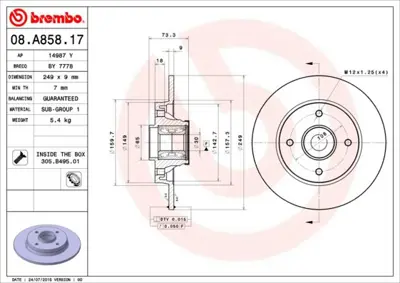 BREMBO 08.A858.17 Fren Dıskı Arka Rulmanlı Peugeot  308 1.4 1.6hdı 2.0hdı 07- 1609249980 DDF1695C 92194100 DDF1695 DF6042BS ADP154351 BD4034KT 424966 986479400 P1011PCA