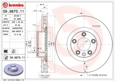 BREMBO 09.9870.11 On Fren Dıskı-368x36 5×130 Vw Touareg 07-10  Porsche Cayenne 06-10 7L8615301A RT21598HPGLT6 6068671 BG9347C RT21598HPGL 402065DH0A DF6867 RT21598HPGLT3 RT21598HPGLT9 RT21598HP