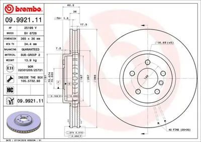 BREMBO 09.9921.11 Fren Dıskı On Hava Kanallı Bmw X5 E70 07-/ X6 E71, E72 08- 34116793243 92161005 BN0905E B2052V 8DD355117751 9992111 986AB5902 10231453 BBD5824S 25119V