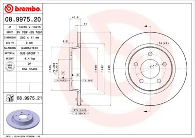 BREMBO 08.9975.21 Fren Dıskı Arka Duz-280-5-Mazda-3 03/07  2.0 /Mazda-5 05//  C25Y26251C 54306 986479181 14915 BG3930 17639 DDF1546C 1815203251 BP6Y26251C 370307900