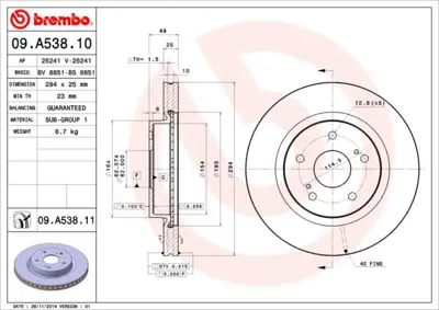 BREMBO 09.A538.10 Fren Dıskı On Havalı-294-5-Suzukı  Grand-Vıtara 06/12  230966C 5521165J00 24012501901 BS7154B BN0499 28442 540249420 BDR244720 6008821C 562632CH