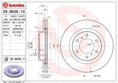 BREMBO 09.B636.11 Fren Dıskı On Havalı-332-6-Pajero 2007//  3.2 Dıd-3,8 V6    4615A038 F026A06838 17963 9B63610 BG4228 92167200 982001672 380211620 9B63611 N3305067