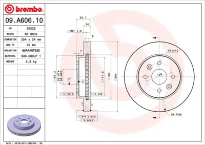 BREMBO 09.A606.10 Fren Dısk On Hava Kanallı 254-4  Kıa  Rıo 00 - 05  370766 51712FD300 58347 DF1030 DDF1542 DIK16 BR4230C 600K016 BR4230 DI956357