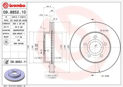 BREMBO 09.8852.10 Fren Dısk On Hava Kanallı 305-5  Jeep  Cherokee 98 - 04  52098672 800696 DDF1169 R1563 662610 C3Y012ABE 297238 BS5382 8DD355108601 BG3659