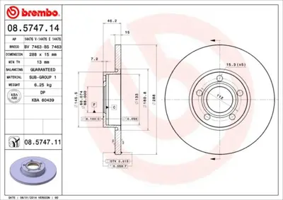 BREMBO 08.5747.11 On Fren Dıskı-288x15 5×112 Audı 100 91-94  A4 95-97 A6 95-97 4A0615301B 4AO615301B 4A0615301BROH DF2650 BS3270C 1155210036PD 24011501051 16097 314742 100121520