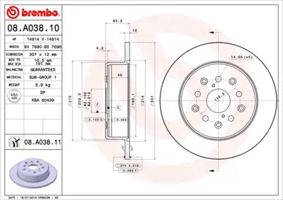 BREMBO 08.A038.11 Fren Dıskı Arka Lexus 30155230029PD 4243153011 DP229 J3312036 V7040007 54708 NBD985 FBD1506 DF4509 57991