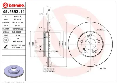 BREMBO 09.6893.14 Fren Dısk On Hava Kanallı 282-5  Honda  Cr-V H-Rv 97 - 02  45251S2HN00 31155210016 K000500 986478667 RN1104 230503C DI496 45251SZ3E00 202622 45251SP0000
