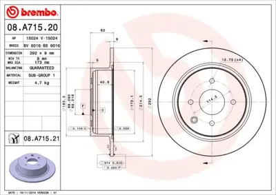 BREMBO 08.A715.20 Fren Dıskı Arka  292-4 Nıssan  Cube 09- / Tıda 1.6 1.8 1.5dcı 07-12 DF7885 43206EM10A BS6016 8A71520 18040 5815312284 BS7381 6157900 197520 6063174