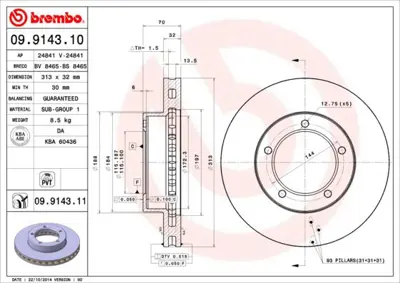 BREMBO 09.9143.11 Fren Dıskı On Havalı-313-5-Toyota  Landcrusıer 98/10  4.2td-4.7   Kaplamalı 4351260171 DDF1211C1 DDF1211 353615202724 DI224C CBR213 4351260170 360406046701 78BD12652 314597