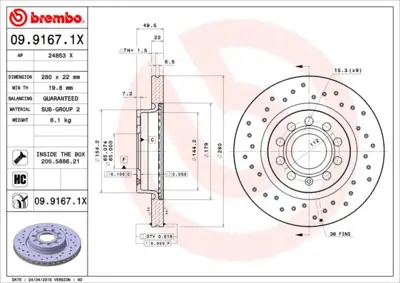 BREMBO 09.9167.1X On Fren Dıskı Delıklı-280x22 5×112 Vw Caddy 04-15  Golf 04-14  Audı A3 09-13  Seat Leon 06-13  Skoda Octavıa 04-13 1618882480 1K0615301AK NBD1293 10304797 DF931 1KD615301A 5C0615301 L1KD615301C 355124231 60000934