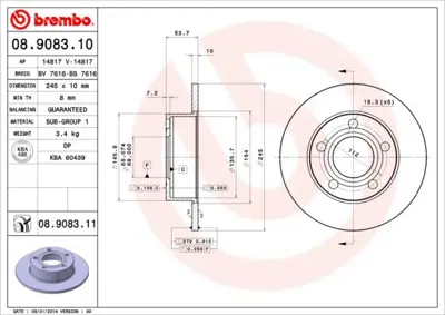 BREMBO 08.9083.11 Fren Dısk Arka  Audı   A6 1.8 T 2.4 Quattro 97-05  4B0615601 8908311 680300 92090800 230807C BG3382 DI955826 986AB6120 78BD2800 92090803