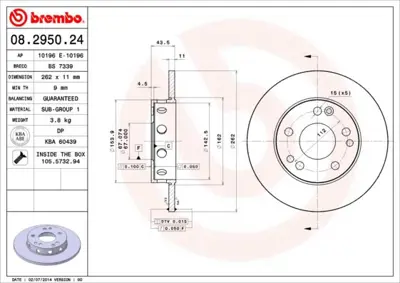 BREMBO 08.2950.24 Fren Dıskı On Duz Mercedes  W201 190 2014211212 A2014211212 98200027401 GBD618 BS7339 6110326 8295020 A2014210812 BDC3239 561330J