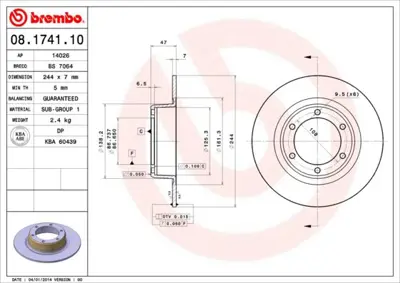 BREMBO 08.1741.10 Fren Dıskı On Standard Cıtroen 95599322 VBD170 AM45123 92014400 1090214 561032S 50601 GBD166 609810 D816