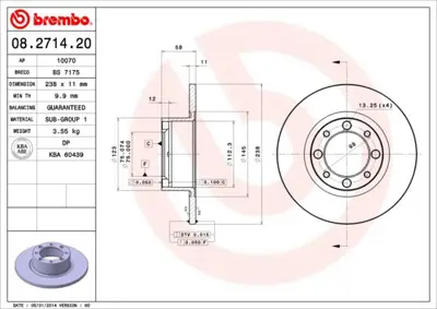 BREMBO 08.2714.20 Fren Dıskı On Standard Talbot 2767900 42460000 BS4759 10406121050 BCR139A 93821918 521548600 521548614 93821918S 2666100A