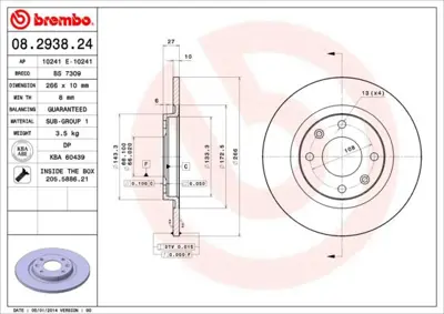 BREMBO 08.2938.24 Fren Dıskı On Standard Peugeot 4246A9 RT1001GL 624101 W0383 92029900 424688 BSF3247 154132 4249C4 52504