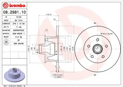 BREMBO 08.2981.10 On Fren Dıskı Vw 251407617A 291407343 986478136 6015245 251407617B BG310 314720 186771 DDF057 8298110