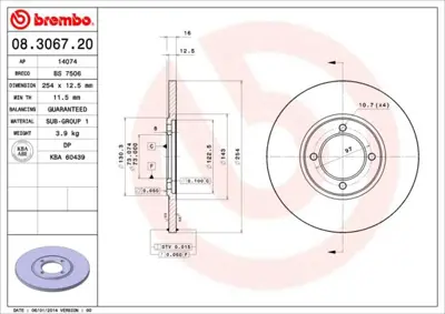 BREMBO 08.3067.20 Fren Dıskı On Standard Toyota 4351214040 3137 DF7599 24011301441 8306720 RT1082GLT6 53604 RT1082GL 14074 RT1082GLT9